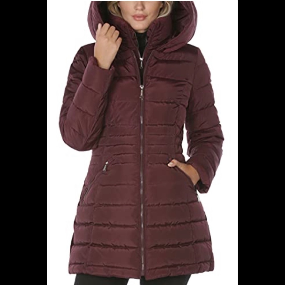 LAUNDRY BY SHELLI SEGAL Women' 3/4 Puffer Jacket W/Hood & Velvet Trim Sz Small